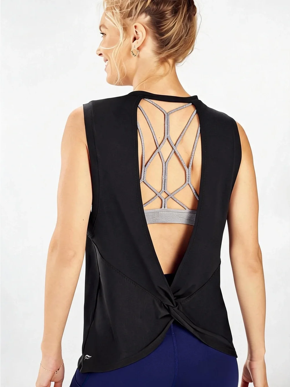Black Open-Back Twist Tank with Strappy Detail